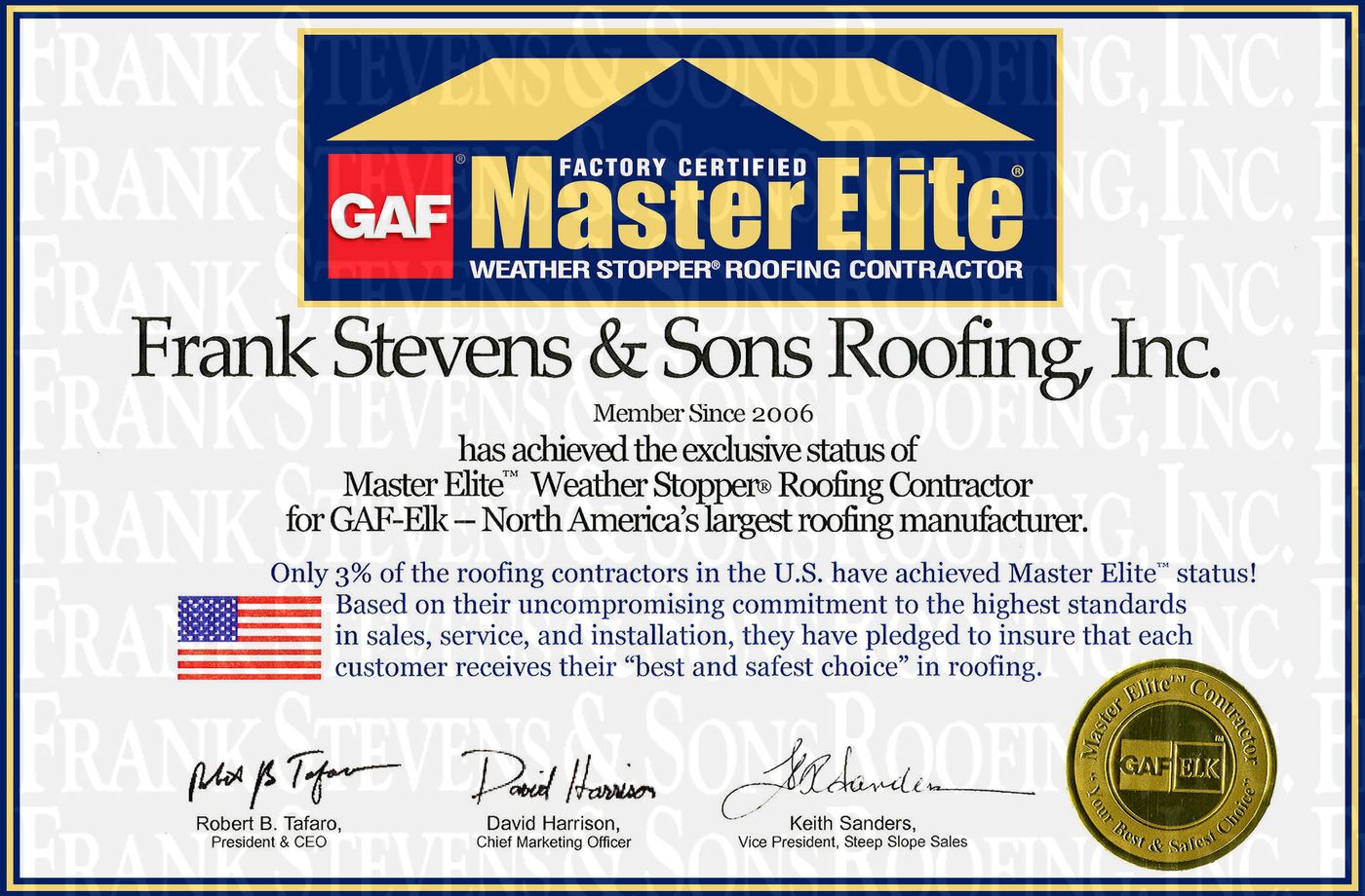 GAF Factory Certified Master Elite certificate issued to Frank Stevens and Sons Roofing, Inc.