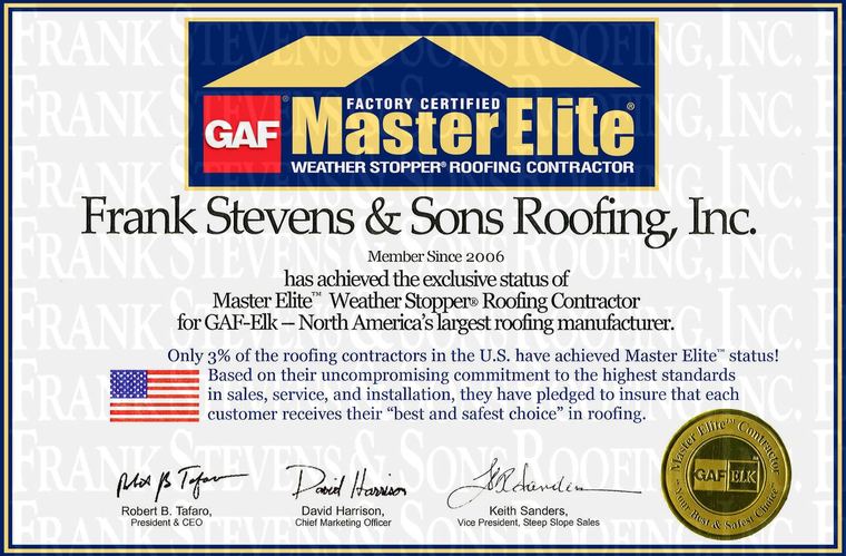 GAF Factory Certified Master Elite certificate issued to Frank Stevens and Sons Roofing, Inc.